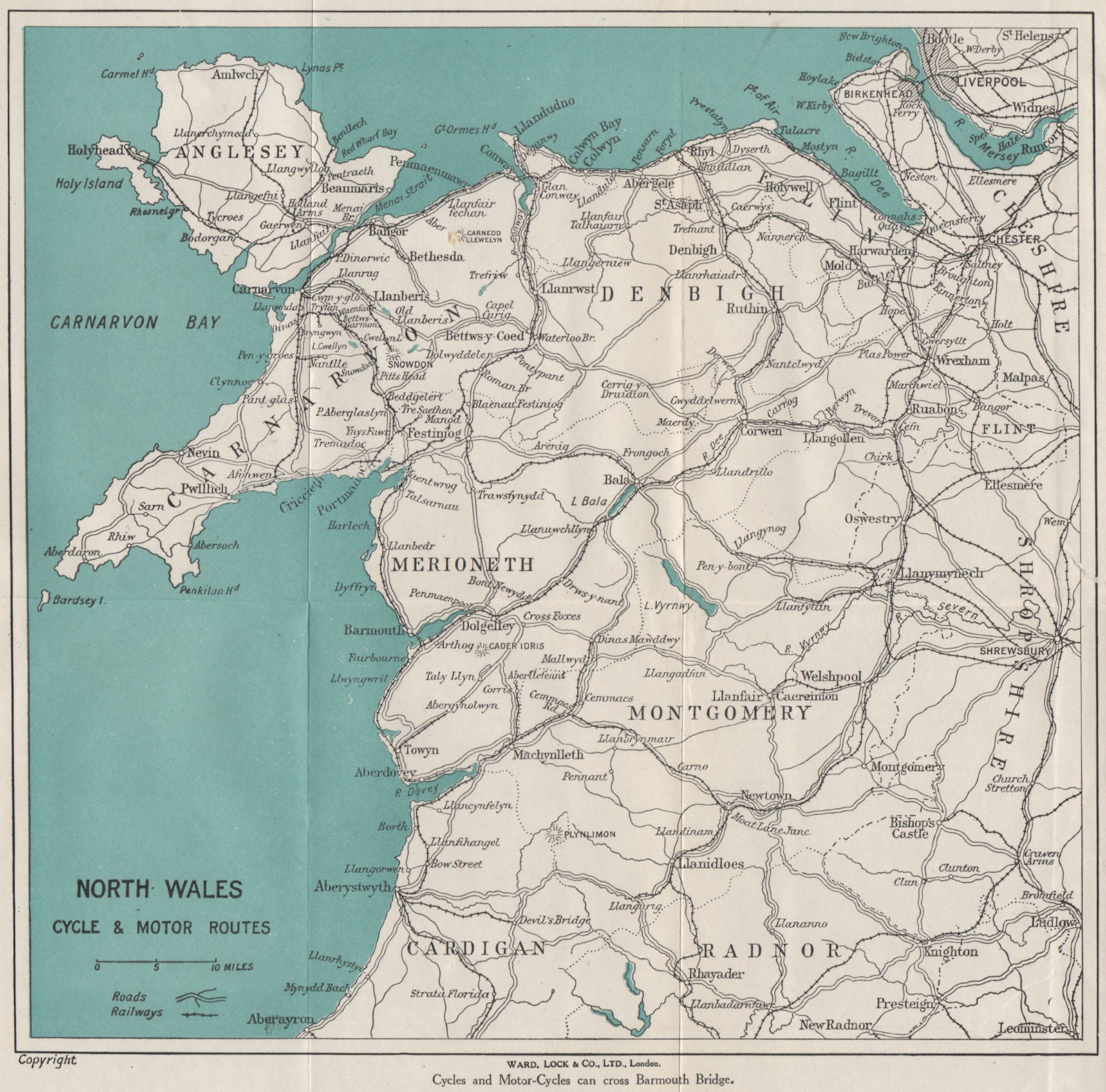 NORTH WALES CYCLE & MOTOR ROUTES. Railways. WARD LOCK 1923 old antique map